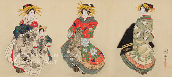 KIKUGAWA EIZAN (1787−1867) High-ranking Courtesans on Parade Hanging scroll: ink, colors and gold pigment on silk,  33 x 74.9 cm;  Bunka era, circa 1815−18 Signed: Kikugawa Eizan hitsu; sealed: Kikugawa, Toshinobu (?)