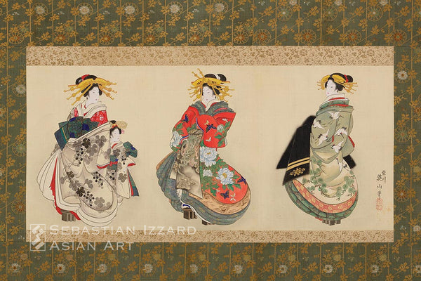 KIKUGAWA EIZAN (1787−1867)  High-ranking Courtesans on Parade  Hanging scroll: ink, colors and gold pigment on silk 33 x 74.9 cm; Bunka era, circa 1815−18 Signed: Kikugawa Eizan hitsu sealed: Kikugawa, Toshinobu (?)