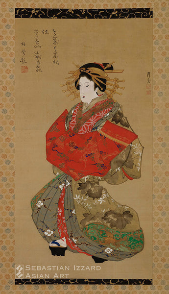 GEKKAN (active first half of 19th century) Courtesan at Night Hanging scroll: ink and color on silk 100 x 52.5 cm Edo period, Bunsei era (1818–29)  Signed: Gekkan Sealed: Gekkan, and one seal unread Inscription by Rinso