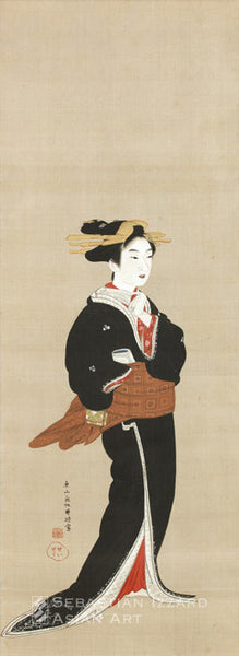 GION SEITOKU (1781–1829?) Standing Geisha  Hanging scroll: ink, color, and gold pigment on silk 391/4 x 141/2 in. (99.7 x 36.8 cm); circa 1815 Signed: Higashiyama gako Seitoku sha;  Sealed: Azana Iwaku Hakuryu, and Seitoku
