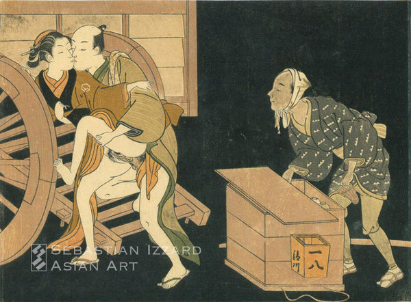 SUZUKI HARUNOBU (1724–1770) Couple Making Love on a Palanquin at Night with Porter Watching Color woodblock print chuban yoko-e  21.3 x 27.9 cm Unsigned