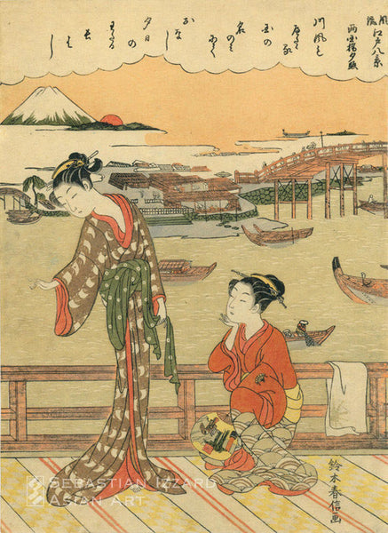  SUZUKI HARUNOBU (1724–1770) Returning sails at Ryogoku (Ryogoku setta no sekisho) Color woodblock print: chuban tate-e,  27.3 x 19.7 cm  Series: A fashionable eight views of Edo (Furyu Edo hakkei)  Signed: Suzuki Harunobu ga