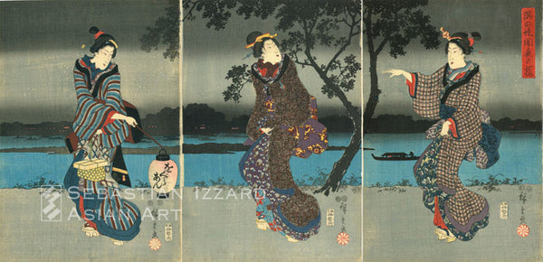 UTAGAWA HIROSHIGE (1797–1858) Cherry Blossoms on the Sumida Embankment in Dark Night  Color woodblock print: oban tate-e triptych each sheet 141/2 x 10 in. (36.8 x 25.4 cm) approx.; ca. 1847–52 Signature: Hiroshige ga Artist’s seal: Chrysanthemum Publisher: Iseichi (Iseya Ichibei)