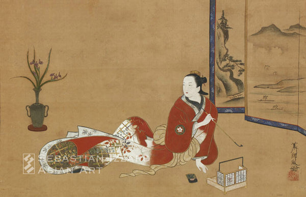 HISHIKAWA MOROTANE (active ca. 1690–1710)  Seated Beauty Smoking a Pipe  Hanging scroll: ink, color, and gold pigment on silk 13 x 20 in. (33 x 50.8 cm); Genroku era (1688–1704) Signed: Morotane zu Sealed Morotane
