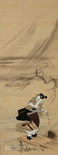 TEISAI HOKUBA (1771–1844) Teahouse Maid Bidding Farewell to a Client Hanging scroll: ink and color on silk 37½ x 14 in. (95.2 x 35.5 cm) Edo period, Bunsei era (1818–29) Signed: Teisai Sealed: Hokuba ga in