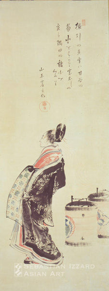 Attributed to KATSUSHIKA HOKUSAI (1760–1849) Courtesan with Odawara Lanterns Hanging scroll; ink and light color on paper 131.5 x 49 cm