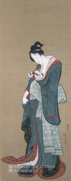 KATSUSHIKA HOKUSAI (1760–1849) Young Beauty Holding her Kitten Hanging scroll; ink and color on silk,  72.2 x 28.2 cm; Edo period, circa 1805-10  Signed: Gakyo rojin Hokusai Sealed: Kimo dasoku