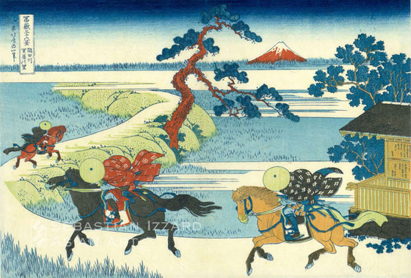 KATSUSHIKA HOKUSAI (1760–1849)  Sekiya Village on the Sumida River (Sumidagawa Sekiya no sato)  Color woodblock print: oban yoko-e,  10 x 147/8 in. (25.4 x 37.8 cm); ca. 1829–33 Series: Thirty-six Views of Mt. Fuji (Fugaku sanjurokkei) Signature: Zen Hokusai Aratame Iitsu hitsu Publisher: Nishimuraya Yohachi (Eijudo)