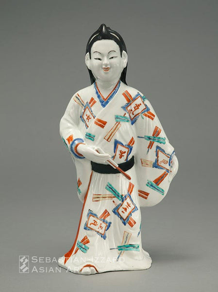 A FIGURE OF A YOUNG MAN (WAKASHU)  Hizen ware, Kakiemon type: porcelain with overglaze enamels  Edo period, ca. 1680s Height 29.5 cm