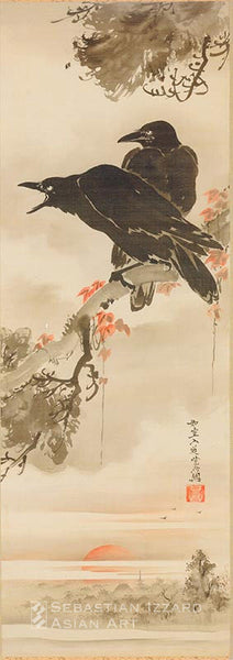 KAWANABE KYOSAI (1831–1889) Two Crows on a Branch Overlooking Asakusa at Dawn  Hanging scroll: ink and color on silk Edo period, 1883 99.5 x 34.9 cm