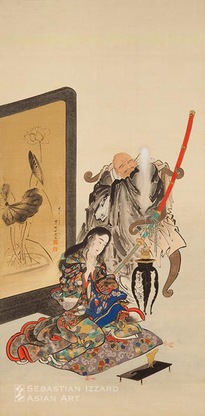 SAITO KYOBUN  (active late Meiji era, early 20th century)  Jigoku Dayu and Ikkyu  Hanging scroll: ink and color on silk Meiji era (1868–1912) Dated Meiji yonjuichinen kugetsu (September 1909) 56¾ x 28 in. (144.1 x 71.1 cm) Signed: Seisei Kyobun kin ga Sealed: two artist’s seals unread