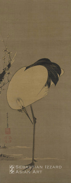 ITO JACKUCHU (1716–1800) Cranes, Pine, and Plums Pair of hanging scrolls: ink on silk Each 104.5 x 41 cm  Signed: Beito-o gyonen nanaju-gosai ga  Seals: To Chugin in and Jakuchu koji