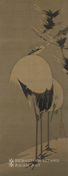 ITO JACKUCHU (1716–1800) Cranes, Pine, and Plums Pair of hanging scrolls: ink on silk Each 104.5 x 41 cm  Signed: Beito-o gyonen nanaju-gosai ga  Seals: To Chugin in and Jakuchu koji