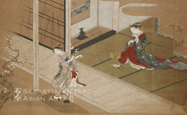 KAWAMATA TSUNEMASA (active ca. 1716–48) Courtesan and Her Kamuro in an Interior  Hanging scroll: ink, color, and gold pigment on silk 171/8 x 28 in. (43.5 x 71 cm) Signed: Tsunemasa ga; sealed Tsunemasa Published: Narazake Muneshige. 1982. Choshun. Vol. 3 Nikuhitsu Ukiyo-e (Encyclopedia of Ukiyo-e Paintings), pl. 40. Tokyo: Suesha.