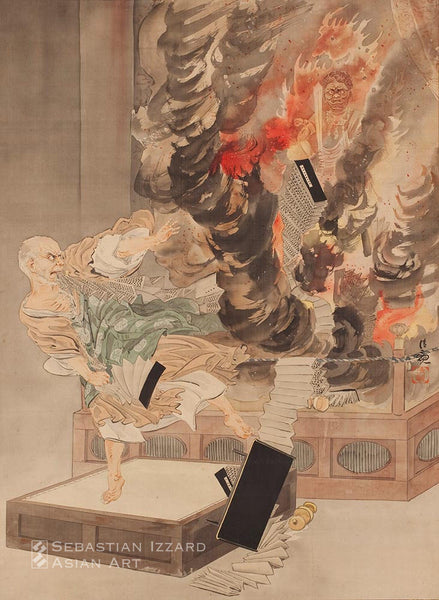 KOBAYASHI KIYOCHIKA  (1847-1915)  The Fury of Priest Raigo  Hanging scroll: ink and color on silk Meiji era, circa 1875-85 108 x 78.8 cm Signed: Kiyochika Sealed: Kiyochika