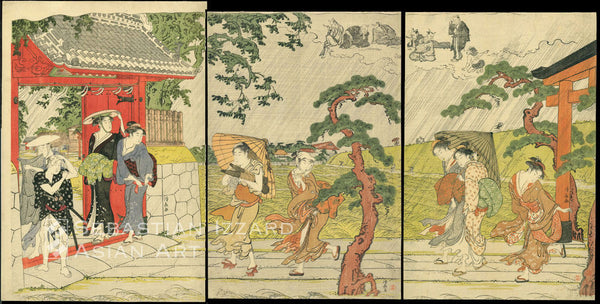 TORII KIYONAGA (1752-1815) Sudden Shower at Mimeguri Shrine Color woodblock print: oban tate-e triptych,  l: 38.7 x 26.7cm; c: 37.5 x 24.8 cm; r: 37.5 x 24.8 cm; 1787 Signed: Kiyonaga ga