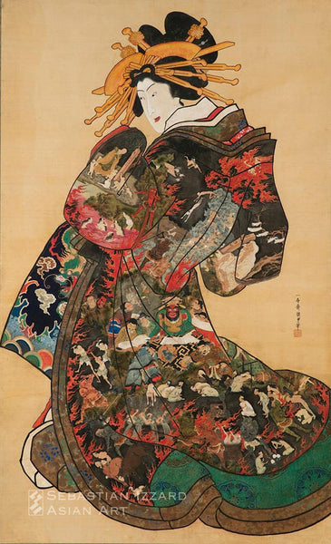 UTAGAWA KUNISADA II (1823–1880) Hell Courtesan (Jigoku Dayu) (detail) Hanging scroll: ink and color on silk 164.5 x 101 cm Edo period (1615–1868), 1860s Signature: Ichijusai Kunisada hitsu Seal: Baichoro