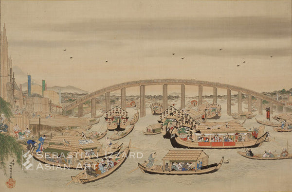 UTAGAWA KUNISADA (1786–1865) Pleasure Boats on the Sumida River Hanging scroll: ink and color on silk  Edo period, Tempo era, mid 1830s 66 x 100.3 cm