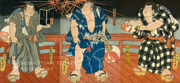UTAGAWA KUNISADA (1786–1865) The Wrestlers Koyanagi Tsunekichi, Hidenoyama Raigoro, and Arauma Kichigoro Color woodblock prints: double horizontal oban triptych, each sheet 25.7 x 36.8 cm approx.; ca. 1844-45 Signed: Kochoro Toyokuni ga, Ichiyosai Toyokuni ga, and Kunisada aratame nidaime Toyokuni ga (Kunisada, changing his name to Toyokuni II) Artist's seal: Ichiyosai Censor’s seal: Hama (Hama Yahei) Publisher: Yorozuya Jubei 