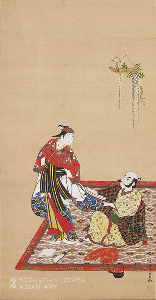 MIYAGAWA ISSHO (1689–1779) Bewhiskered Man Importuning a Wakashu Hanging scroll: ink and color on silk Edo period, Genbun/Kampo eras, 1736–44; 84.5 x 44 cm Signed: Nihon e Miyagawa Issho ga Sealed: [illegible], To