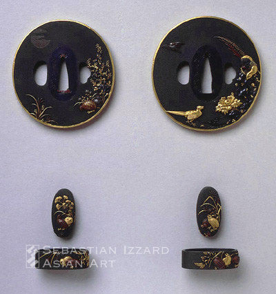 Ishiguro Masatune (1760-1828) and Ishiguro Koreyoshi (active mid-19th century) Sword Fittings with pheasants and quail among flowers Soroimono: daisho pair of oval tsuba and daisho pair of fuchi-kashira