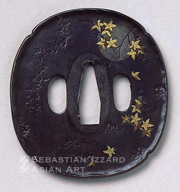 Goto Ichijo (1791-1876) Tsuba with autumn and spring motifs 8 x 7.3 cm.