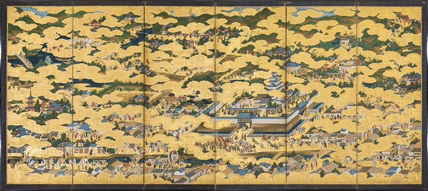 ARTIST UNKNOWN  (active Kan’ei era, 1624−44)  Scenes In and Around Kyoto (Rakuchu rakugai zu) (left screen)  Pair of six-panel screens ink, color, and gold leaf on paper each 157.3 x 368.4 cm circa 1630−35