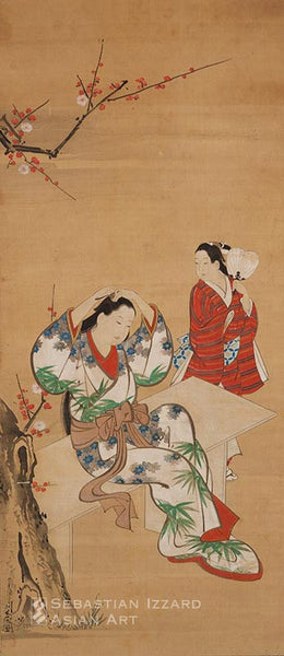 MIYAGAWA CHOSHUN (1683–1753) Courtesan seated on a bench beneath a willow accompanied by her kamuro  Hanging scroll; ink and color on silk, 83.3 x 36.4 cm; 18th century Signed: Yamato-eshi Miyagawa Choshun ga Sealed: Choshun no In