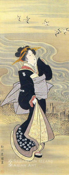 UTAGAWA TOYOKUNI (1769−1825) Beauty beside the Noda Jewel River  Hanging scroll; ink and color on silk, 72.556 x 28.9 cm; circa 1815−20 Signed: Utagawa Toyokuni ga, sealed Ichiyosai and Toyokuni