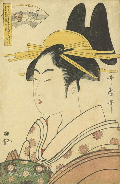 KITAGAWA UTAMARO (1754−1806) Hanamurasaki of the Tamaya, representing the Noji Jewel River (Noji no tamagawa)  Color woodblock print: oban tate-e, 38.1 x 24.4 cm; circa 1795–96 Series: Six Jewel Rivers (Mu tamagawa) Signed: Utamaro hitsu
