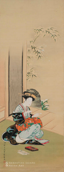 TSUKIOKA SESSAI (d. 1839) Beauty Writing a Poem Hanging scroll: ink and color on silk 90.2 x 33.3 cm Signed: Hokkyo Tsukioka Sessai Sealed: Sessai no In,and one seal unread