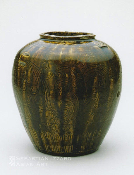 Jar with Incised Flower Design Mino ware, Seto type; glazed stoneware Kamakura period, 13th–14th century,  23 x 22.5 cm