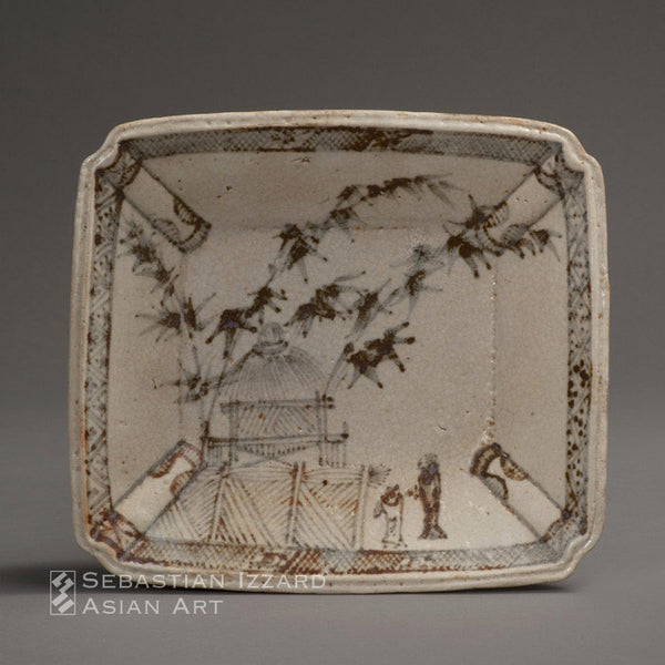 SERVING DISH WITH DESIGN OF SCHOLARS OUTSIDE A THATCHED HUT Mino ware, gray Shino type; glazed stoneware  Momoyama period, early 17th century  H. 5 x W. 19.5 x D. 28 cm