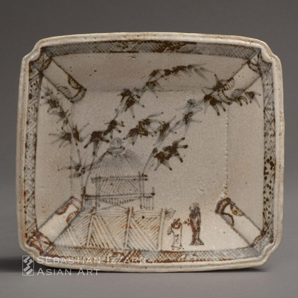 SERVING DISH WITH DESIGN OF SCHOLARS OUTSIDE A RETREAT Mino ware, e-Shino type glazed stoneware Momoyama period early 17th century H. 5 x W. 19.5 x D. 28 cm 