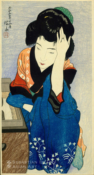 ITO SHINSUI (1898–1972) Courtesan Color woodblock print, 43.8 x 23.2 cm  Signed and dated: Taisho gonen junigatsu (December 1916) Shinsui  Sealed: Tatsumi  Publisher: Watanabe Shozaburo
