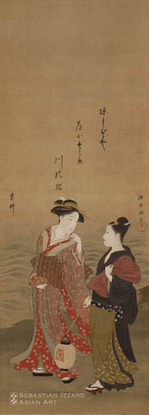 KATSUKAWA SHUNCHO (active 1780-95) Geisha and attendant by a river Hanging scroll: ink, color, and gold pigment on silk, 96.2 x 35.2 cm; 1780s  Signed: Katsu Shuncho ga  Sealed: Sanko