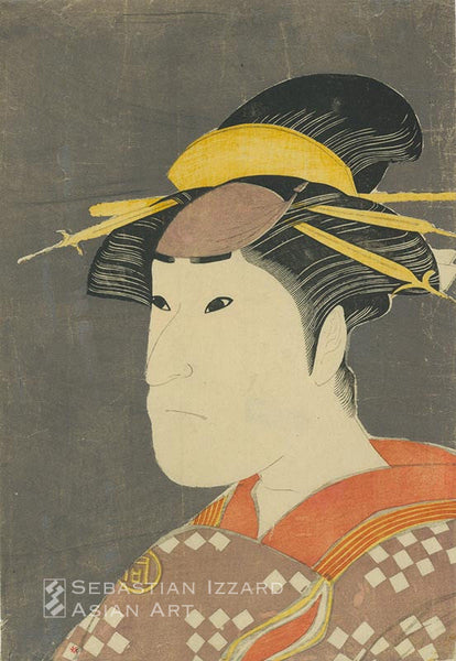 KATSUKAWA SHUN’EI (1762−1819)  Sanogawa Ichimatsu III as Onayo of Gion, a prostitute  Color woodblock print: aiban tate-e 32.7 x 22.5 cm); 1794 Censor’s seal: kiwame (passed) Publisher: Emiya Kichiemon (indistinct)  Provenance: Henri Vever