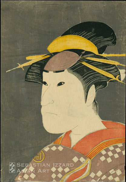 KATSUKAWA SHUN'EI (1762–1819) Sanogawa Ichimatsu III as Onayo, a prostitute of Gion Color woodblock print: aiban tate-e 33 x 22.5 cm; 1794  Unsigned