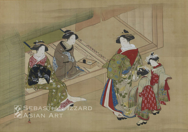 KATSUKAWA SHUNSHO (1726-1792) Yoshiwara Courtesans at the Kyoen Restaurant Hanging scroll:  ink and color on silk,  60 x 85.7 cm; 1770s Signed: Katsu Shunsho ga with kakihan