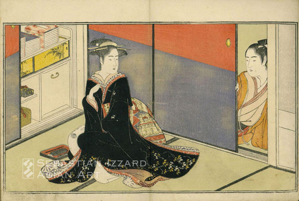 KATSUKAWA SHUNSHO (1726–1792)  Haikai Album of the Cuckoo (Haikai yobuko-dori)  Color woodblock-printed book; fukurotoji-bon, original blue wrappers loosely painted with a landscape, 1 vol., 10 x 73/8 in. (25.4 x 18.7 cm); 16 leaves, single-page preface followed by 12 double-page illustrations followed by 3 double pages of text; Colophon: 1788