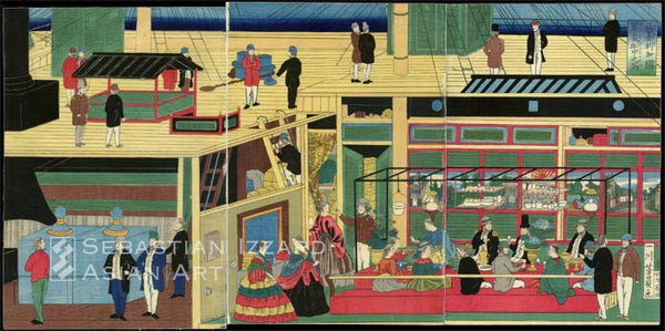 Utagawa Yoshikazu (fl. ca. 1850 – 70) Picture of the interior of an American steamship Color woodblock print, oban triptych, each panel 36.3 x 25 cm.