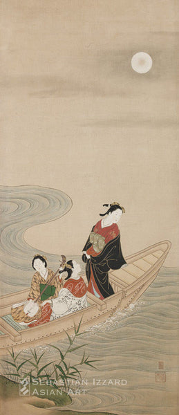 NISHIKAWA SUKENOBU (1671–1751) Beauty in a Boat Accompanied by Two Musicians Hanging scroll; ink and color on silk,  127.5 x 55.3 cm  Sealed: Nishikawa uji no in and Sukenobu