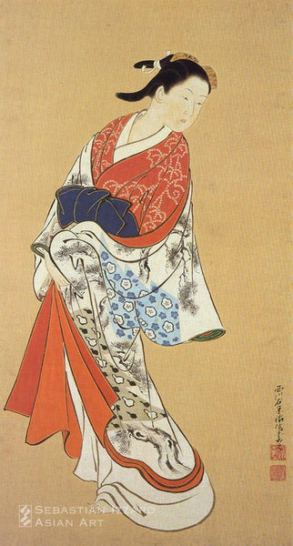 NISHIKAWA SUKENOBU (1671–1751)  Courtesan Parading (detail)  Hanging scroll, ink and color on paper H: 60.3 cm; W: 34.9 cm Edo period, circa 1720–30 Signed: Nishikawa Ukyo Sukenobu kore [o] egaku  Sealed: Nishikawa uji, Sukenobu kore [o] zu [su]