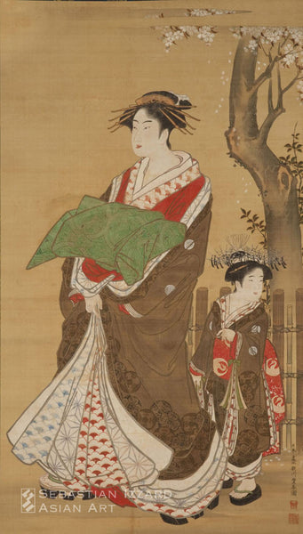 UTAGAWA TOYOHARU (1735–1814) Courtesan and her maid on parade Hanging scroll: ink, color, and gold pigment on silk 141 x 85.4 cm; ca. 1795  Signed: Nihon gako Utagawa Toyoharu ga  Sealed: Shoju no in, and another seal unread