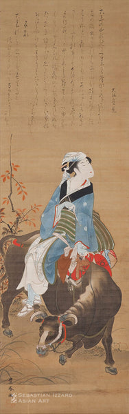 UTAGAWA TOYOHARU  (1735–1814) Farm Girl Riding an Ox (detail) Hanging scroll: ink and color on silk 35 x 11 in. (88.9 x 27.9 cm)  Signed: Toyoharu ga  Sealed: Ichiryusai