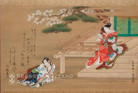 UTAGAWA TOYOHARU  (1735−1814)  Shizuka Gozen and a Fox disguised as Sato Tadanobu  Hanging scroll: ink and color on silk 42.5 x 69.9 cm; circa 1795 Signed: Ichiryusai Utagawa Toyoharu ga; sealed: Ichiryusai