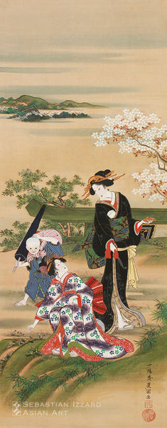 UTAGAWA TOYOKUNI  (1769–1825) Gathering Herbs at Mimeguri Hanging scroll; ink, color, and gold pigment on silk  Edo period, late Bunka era, circa 1816 40 x 16 in. (101.6 x 40.6 cm)  Signed: Ichiyosai Toyokuni ga Sealed Utagawa and Toyokuni