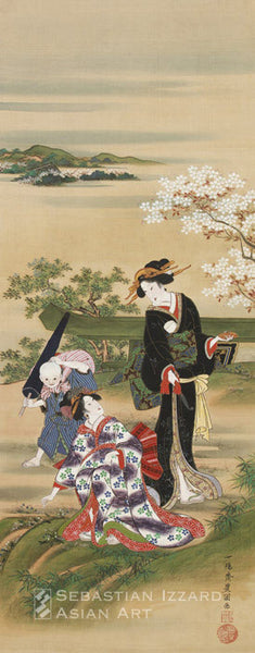 UTAGAWA TOYOKUNI (1769–1825)  Gathering Herbs at Mimeguri  Hanging scroll: ink, color, and gold pigment on silk  40 x 16 in. (101.6 x 40.6 cm); late Bunka period, circa 1816 Signed: Ichiyosai Toyokuni ga; Sealed Utagawa, and Toyokuni  Published: Kaneko Fusui, ed. 1977. Nikuhitsu Ukiyo-e Shusei (Ukiyo-e Paintings in Japanese Collections), vol. 1, pl. 226. Tokyo: Mainichi Shimbun