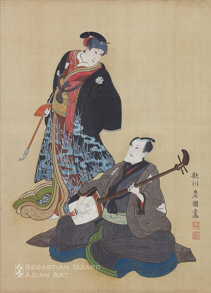 UTAGAWA TOYOKUNI (1769–1825) Bando Mirsugoro III and Iwai Hanshiro V Rehearsing in the Green Room) (detail) Hanging scroll: ink, color, and gold pigment on silk 53 x 38 cm Edo period, Bunka era, circa 1810–15 Signed: Utagawa Toyokuni ga Sealed: Toyokuni