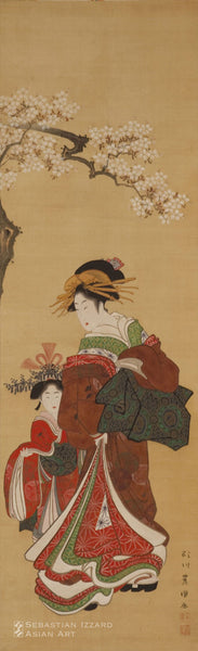 UTAGAWA TOYOKUNI (1769–1825) Courtesan and her maid beneath flowering cherry Hanging scroll: ink and color on silk 89.5 x 27.9 cm; ca. 1798-1800  Signed: Utagawa Toyokuni ga  Sealed: Ichiyosai and Toyokuni
